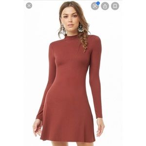 Burgundy Ribbed Mock Neck Mini Skater Dress